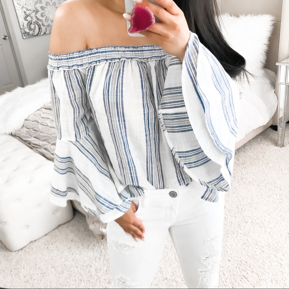 Lucky Brand White Off-Shoulder Top with Blue Stripes
